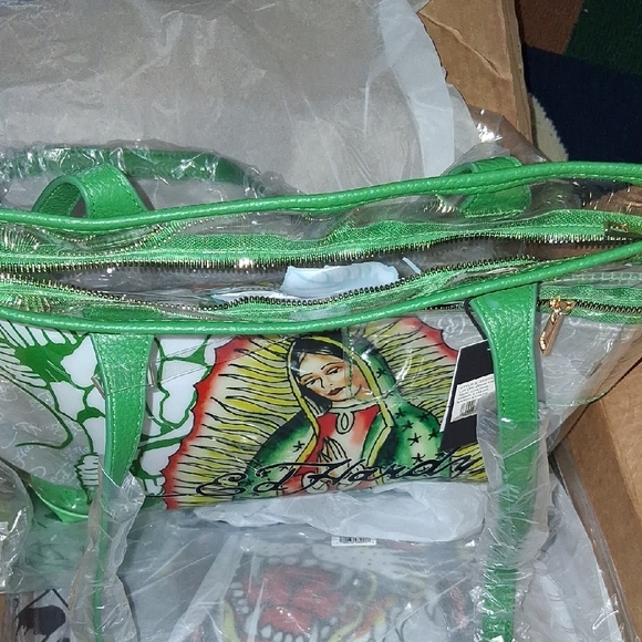 Ed Hardy Green Tote Bag with Mexican Folk Art Design - Picture 4 of 7